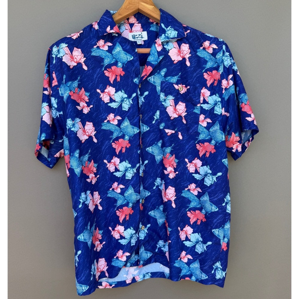 Uzzi Amphibious Gear Shirt Large Blue Goldfish Floral Tropical Hawaiian Surf